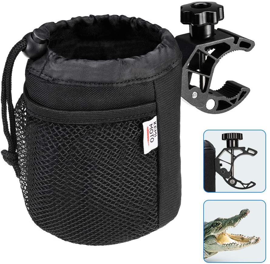 kemimoto Bar Cup Holder, Oxford Fabric Drink Cup Can Holder with Drain and Alligator Clip for Motorcycle, ATV, Scooter, Marine Boat, Bike, Wheelchair, Walker, Golf Cart, RV, Camper, Desk, Adjustable